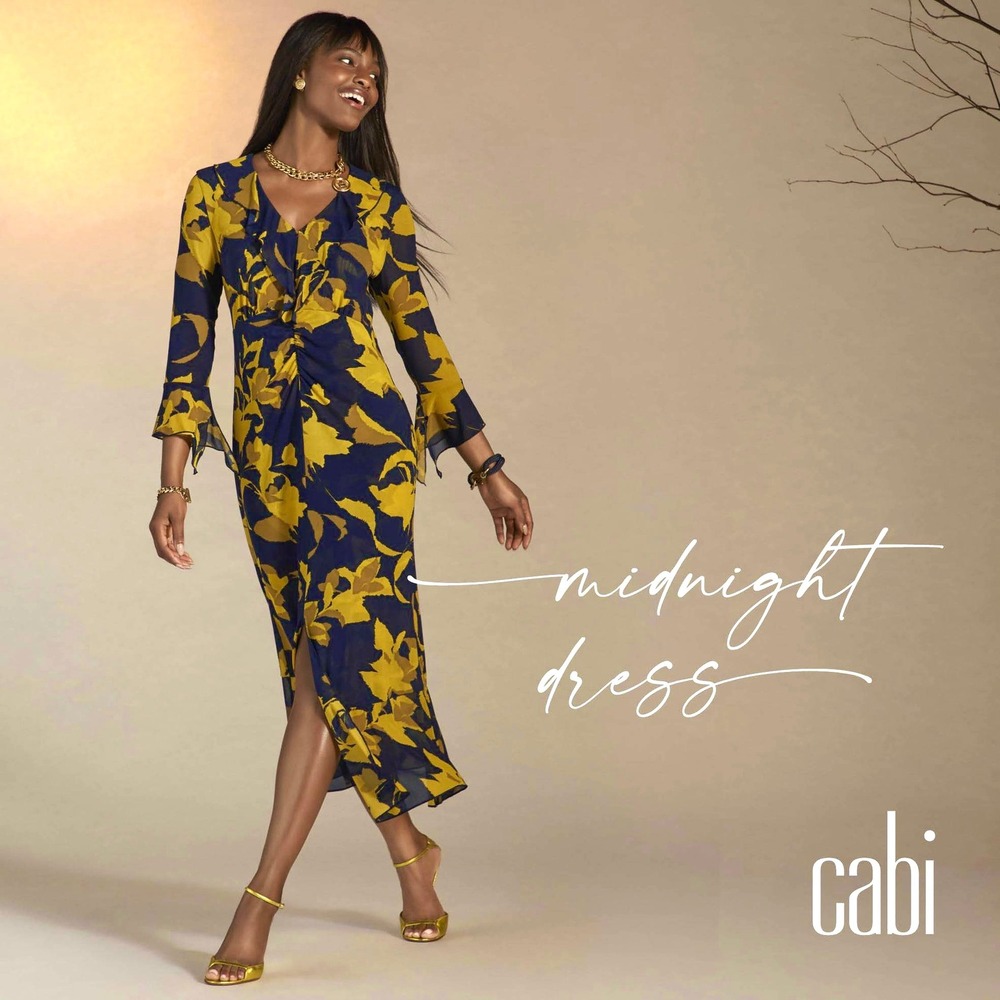 Cabi Midnight floral ruffle midi dress Size M navy blue mustard bell cuffs vneck